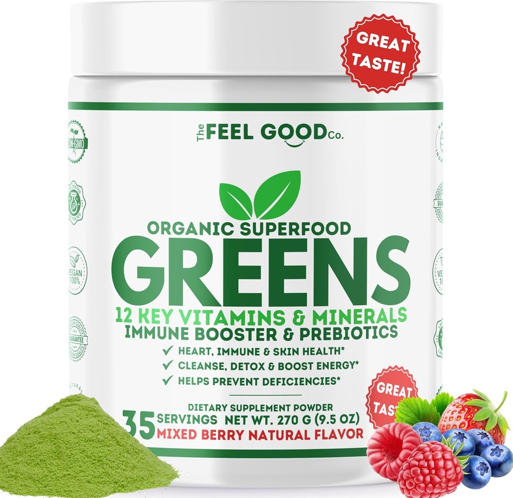 The Feel Good Super Greens Powder - Organic Green Juice, Tarwegras No Added Sugar, Spirulina, Chlorella, Probiotica, Digestief Enzyme, Antioxidant Rich, Immunity Boost Green Superfood, 35 SVG, Dagelijks