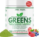 The Feel Good Super Greens Powder - Organic Green Juice, Tarwegras No Added Sugar, Spirulina, Chlorella, Probiotica, Digestief Enzyme, Antioxidant Rich, Immunity Boost Green Superfood, 35 SVG, Dagelijks
