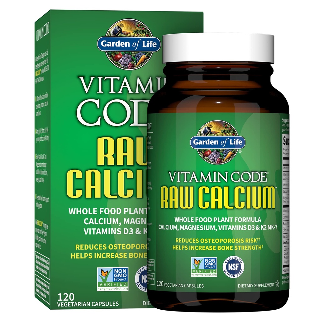 Garden of Life Raw Calcium Supplement for Women and Men - Vitamin Code Made from Whole Foods with Magnesium, K2, Vitamin D3 and Vitamin C plus Probiotics for Digestion, 120 Capsules