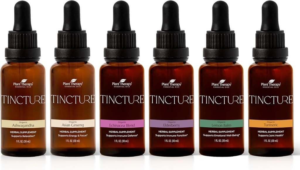 Plant Therapie Biologische Tincturen Beginner Set 30 ml Elke biologische Ashwagandha, Aziatische Ginseng, Echinacea Blend, Vlierbessen, Citroen Balsem & Kurkuma
