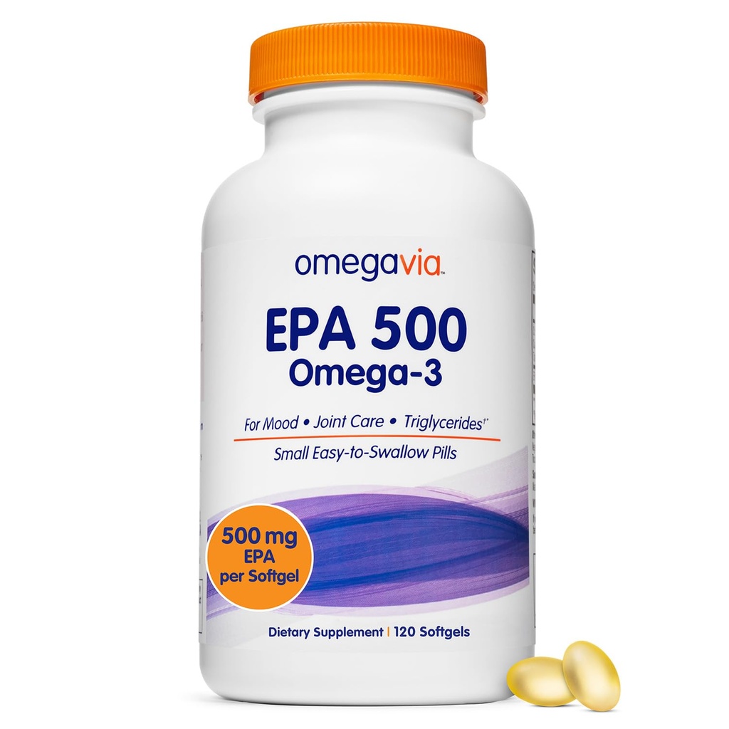 OmegaVia EPA 500, Gezuiverd Omega-3 Visoliesupplement, 500 mg EPA in triglyceridevorm, Burpless Fish Oil, Non-GMO, Glutenvrij, IFOS 5-Star, 120 Softgels