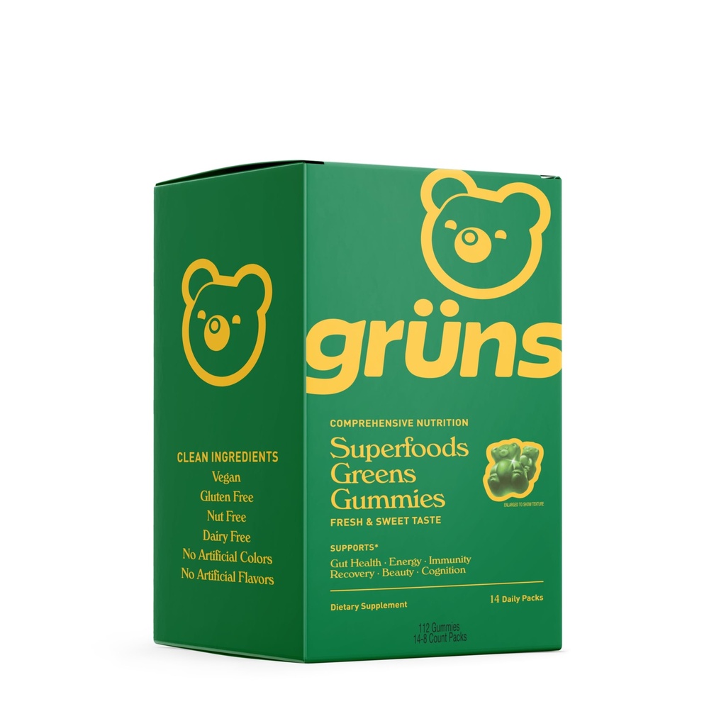 Gruns Super Greens Gummy Bears - Organische Spirulina en Chlorella, Prebiotica voor de spijsvertering gezondheid, 20+ Vitaminen en Mineralen - 14 sachets - 112 Gummies