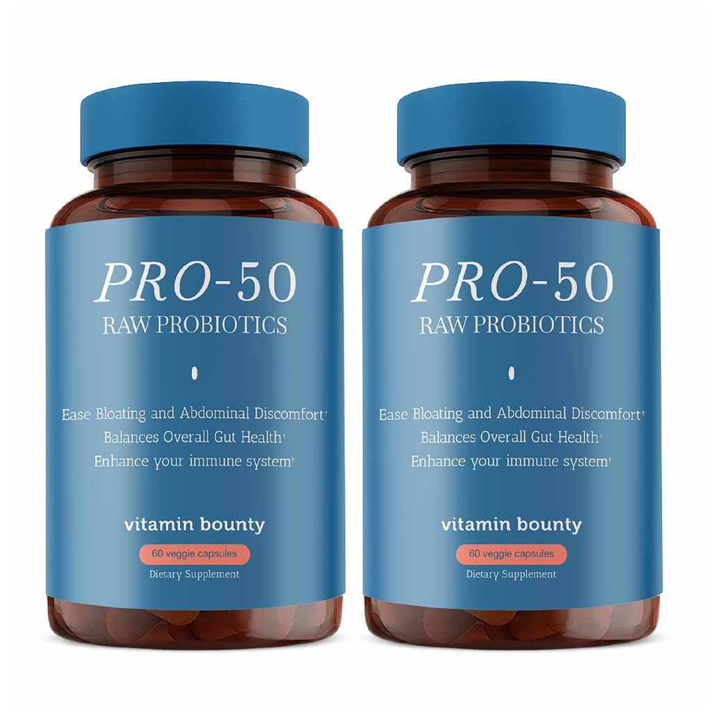 Vitamine Bounty Pro-50 Probiotique 50 milliards CFU - 13 suppléments de souche pour les hommes et les femmes + prébiotiques - Digestive Health & Gut Support - Lactobacillus & Bifidobacterium - Capsules à libération différée, 2 paquets