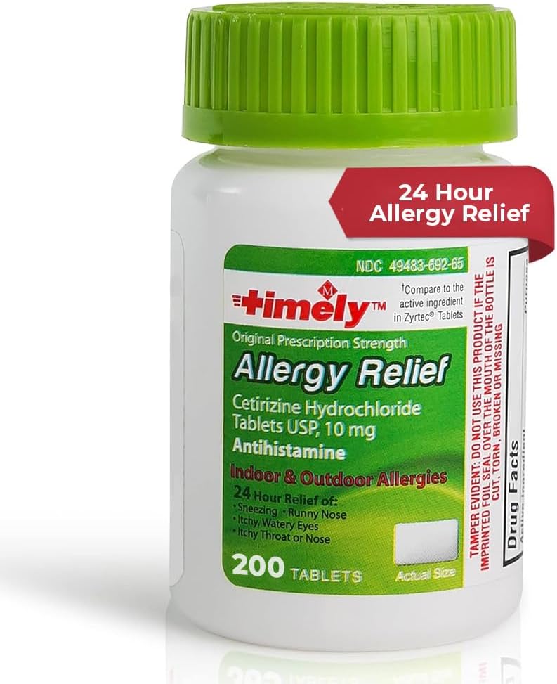 TIME-CAP LABS, INC. Tijdig Cetirizine HCl 10 Mg 200 tabletten - 24 uur Allergie Relief from Sneezing, Runny Nose, Itchy Watery Eyes, Itchy Throat, Neus - Indoor and Outdoor Allergie Medicincence