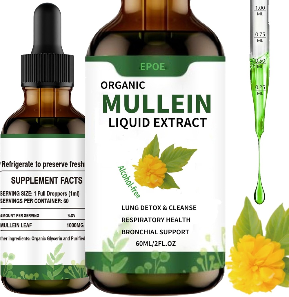 Liquid Drops met Mullein Leaf, Mullein Drops voor Longen Biologische Respirator Alcoholvrij, Long Reiniging voor Immune en Respiratory Health Ondersteuning, Wit