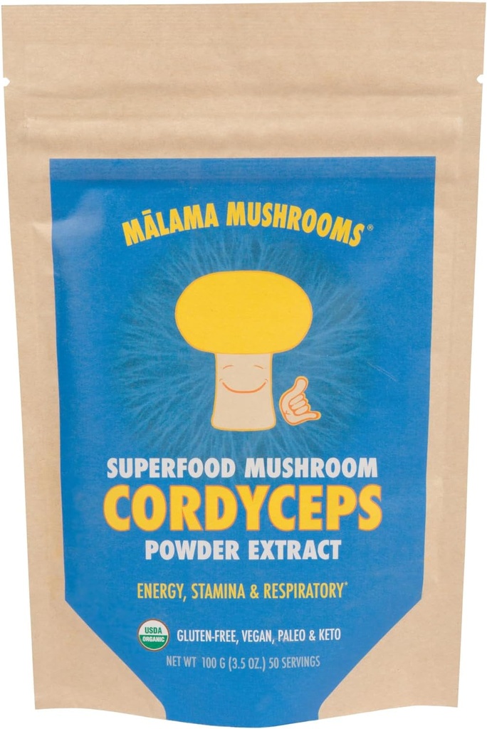 Poudre extraite de Cordyceps par Malama, Poudre de Champignon Cordyceps, Superfood Adaptogène, soutient l'énergie, l'endurance et l'humeur, 100 portions