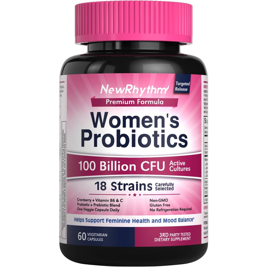 NewRhythm Probiotica for Women, P-5-P, Vitamine C & Organic Cranberry, 100 Miljard CFU 18 Strains, Prebiotica & Vaginale Probiotica for Digestive Health & PH Balance, 60 Capsules, No Dairy