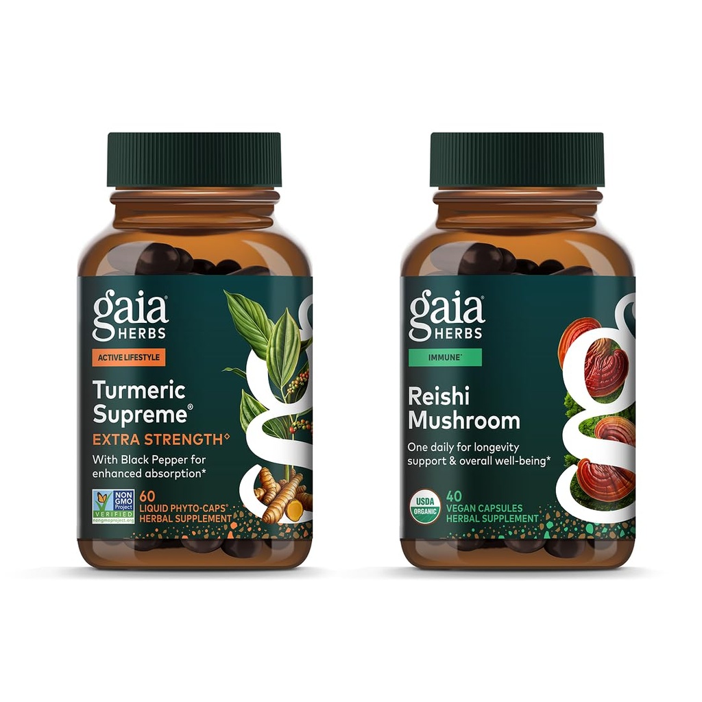 Gaia Kruiden Kurkuma Supreme Extra Sterkte - 60 Vegan Liquid Phyto-Capsules & Reishi Mushroom - Immuunstelsel & Ondersteunt Hartgezondheid - 40 Vegan Liquid Phyto-Capsules (2 Pack)