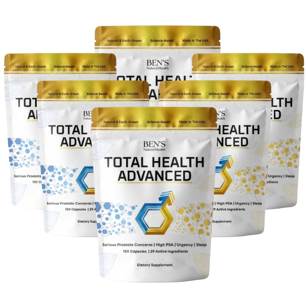 Ben's Natural Health Total Health Advanced, Supplément de soutien à la prostate avec 29 ingrédients Beta-Sitostérol, Vitamines C, D, E, Zinc, Pygeum, Turmeric, Saint Basilic, 900 Capsules, 6 Pack