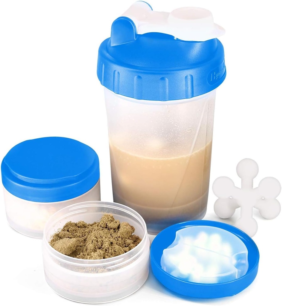Bouteille de shaker protéinique 16oz avec boule de shaker et 2 pots de stockage.