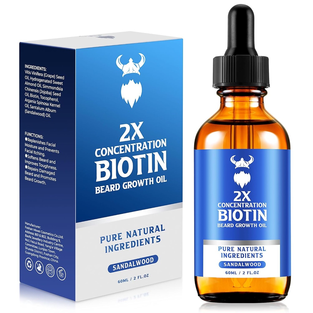Baardgroeiolie - 2X Concentratie Biotine Baardolie voor mannen (2 oz) - Natuurlijke Herenbaardolie met Arganolie, Jojoba-olie en vitamine, Baardgroeizachter, Moisturizer (Sandalwood)