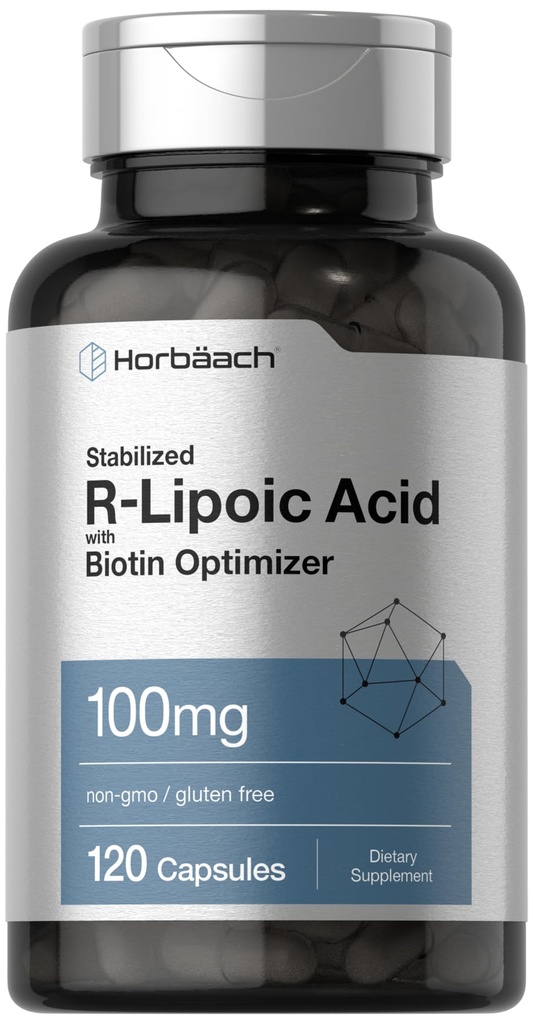 Horbiach R-Lipoïnezuur 100 mg 120 Capsules met Biotin Optimizer Niet-GMO, Glutenvrij Gestabiliseerd R-Lipoïnezuursupplement