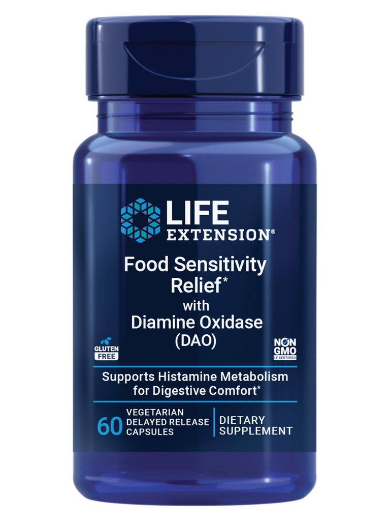 Life Extension Food Sensitivity Relief with Diamine Oxidase (DAO), Occasional Gas, Digestieve Comfort, histamine gevoeligheid, DAO Enzyme Supplement, Glutenvrij, Niet-GMO, Vegetarisch, 60 Capsules