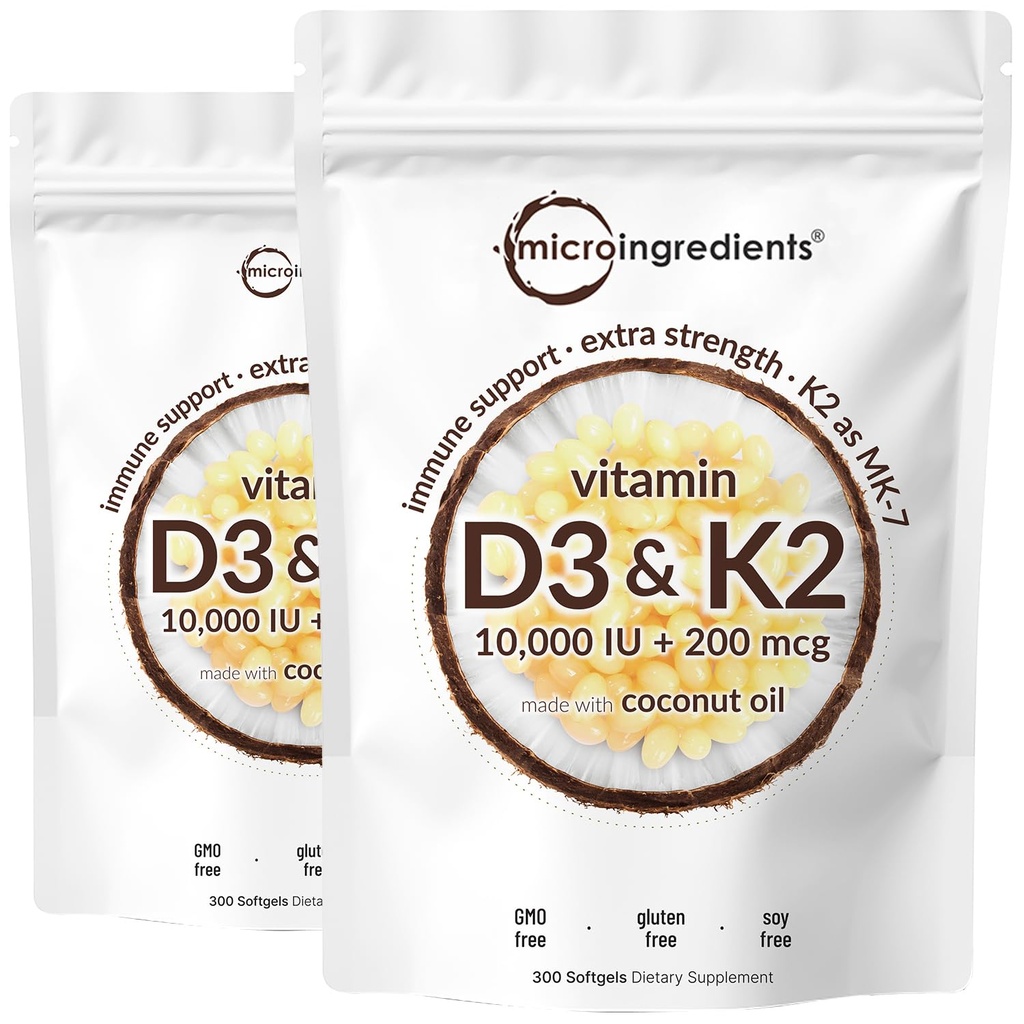 2 Pack Vitamine D3 10000 ie Plus K2 (MK-7) 200 mcg, 300 Virgin Coconut Oil Softgels 