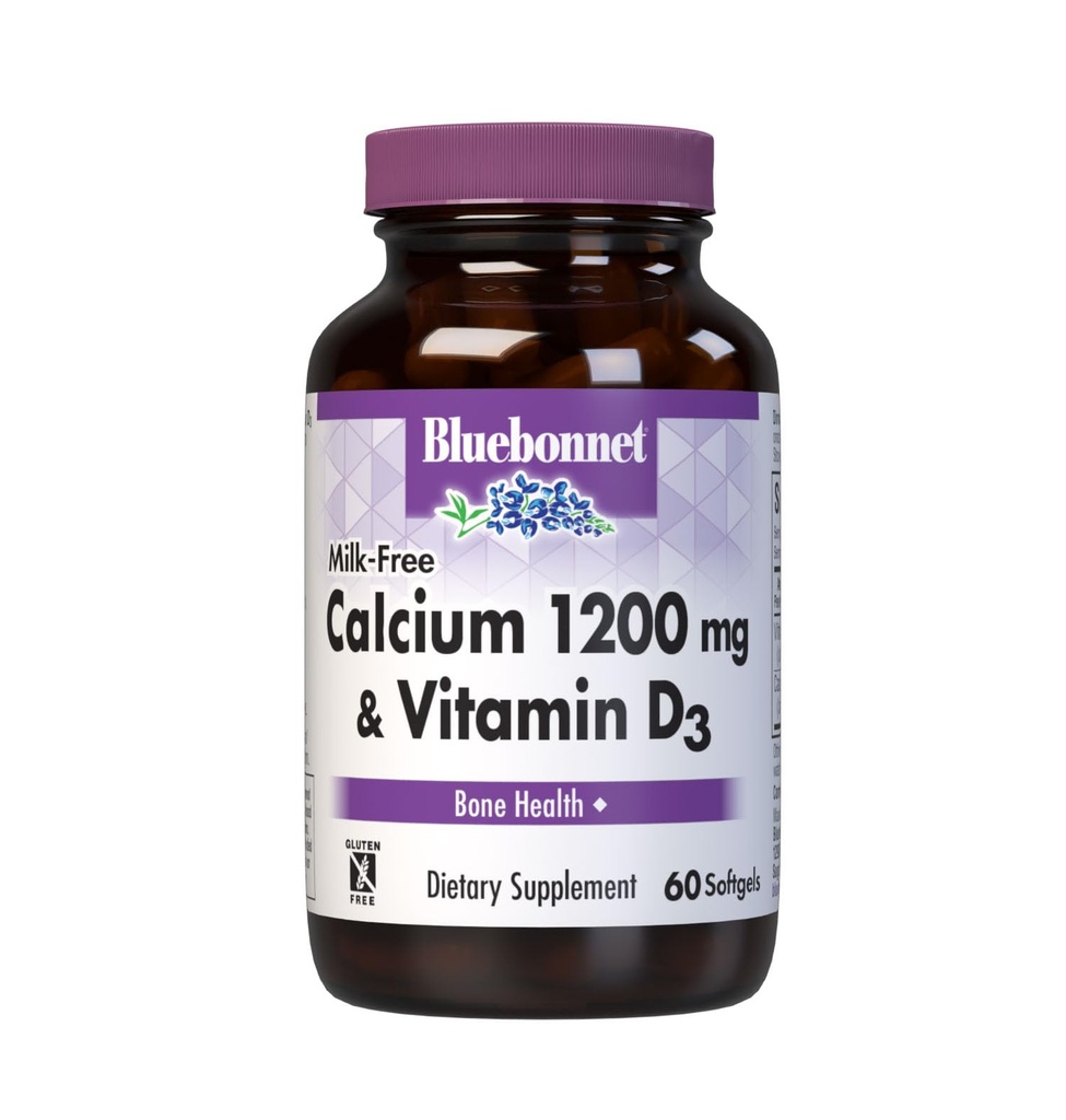 Bluebonnet Nutrition Milk-Free Calcium 1.200 mg Plus Vitamine D3 400 IE - Hoge potentie, Maximale Absorptie Sterke gezonde botten & Immune Health Support Supplement, Glutenvrij, Dairy-Free, 60 Softgels