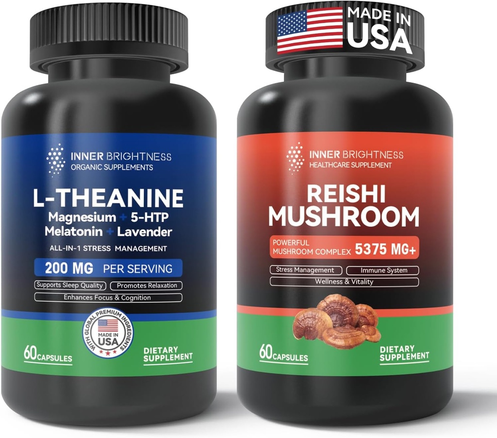 Supplément de champignons Reishi avec Cordyceps + L Theanine 200mg, Magnésium, 5-HTP & Melatonine pour le sommeil, le focus et l'humeur