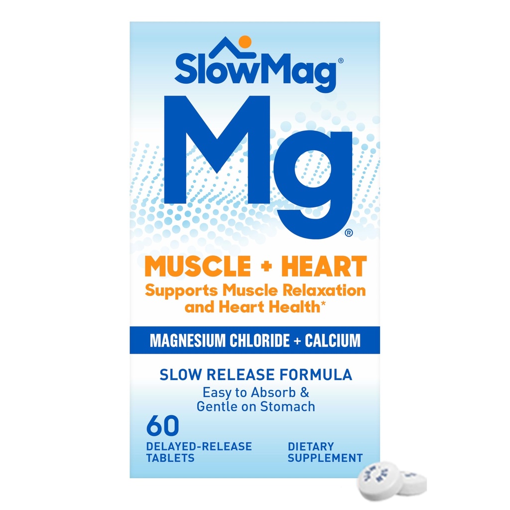 SlowMag Muscle + Heart Magnesium Chloride met Calcium Supplement ter ondersteuning van spierontspanning, af en toe spierkrampen en hartgezondheid, hoge absorptie, 60 Tellen