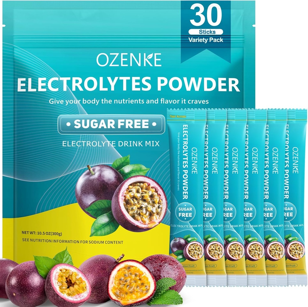 Paquets en poudre d'électrolytes, 30 bâtons Paquets d'hydratation Sans sucre, Mélange de boissons électrolytes Portables Paquets d'électrolytes pour une hydratation rapide, 0 sucre et 0 calories, Saveur de fruits Passion