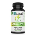 Zhou Energy + Focus - L Theanine Caffeine Pills, 200mg L-Theanine, 100mg Boost naturel de caféine anhydre pour adultes, hommes et femmes, libération prolongée lente - 60 capsules végétariennes (paquet de 1)
