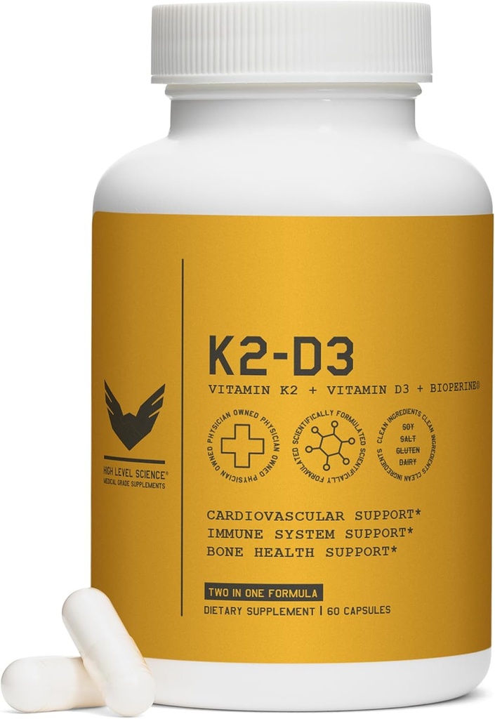 High Level K2D3, Vitamine K2 & D3 Supplement met BioPerine Black Pepper, Dual Action Complex for Heart, Bone, Immune Support, 5000 IE D3, 100 mcg K2, Vegetarisch, 60 Veggie Capsules