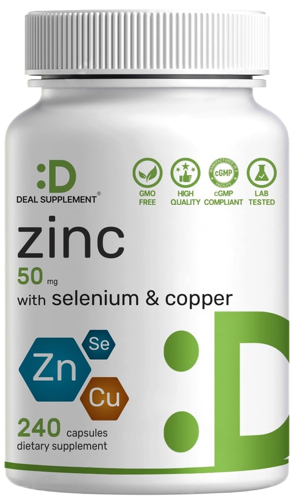 Deal Supplement Zink 50 mg met Selenium + Koper, 240 Capsules, 8 Maand Supply, 3 in 1 Minerale Formule, Zink Picolinaat Complex Supplement, Ondersteunt gezond immuunsysteem voor volwassenen en kinderen