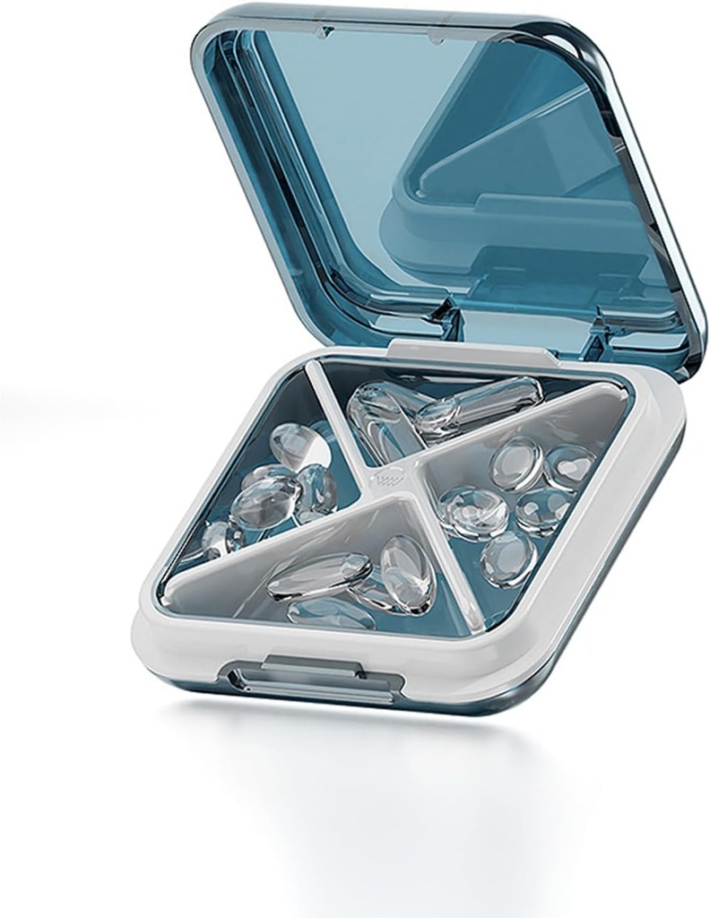Petite boîte à pilules Étanche à l'eau Cas de pilules Portable Daily Pill Container Pill Holder for Purse 4 Compartiments Pocket Compact Medicine Organizer for Fish Oils,Supplements,Medication (Blue)