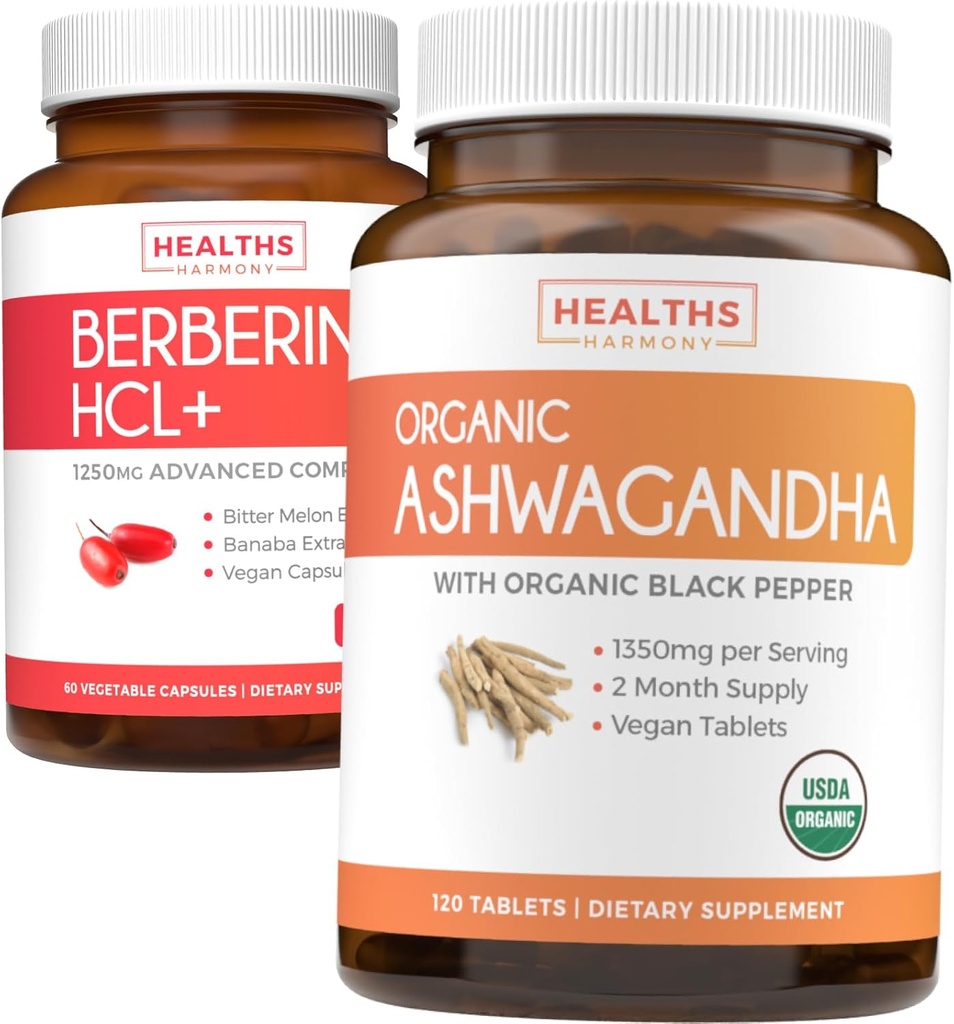 Bespaar $4 (11% korting) - Koop biologisch Ashwagandha & Berberine HCL+ - Nature's Synergy Duo - Berberine (60 capsules) - Biologische Ashwagandha Wortelpoeder 1350mg Serve (120 tabletten) Natuurlijke Adrenal Help