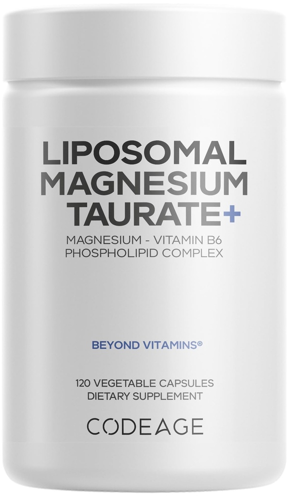 Codeage Supplément Magnésium Taurate+ de Magnésium - Taurate de Magnésium, Vitamine B6 comme Pyridoxal 5-Phosphate, 2 mois d'approvisionnement - Livraison liposomique, Vegan, Non-OGM, Sans gluten, 120 capsules