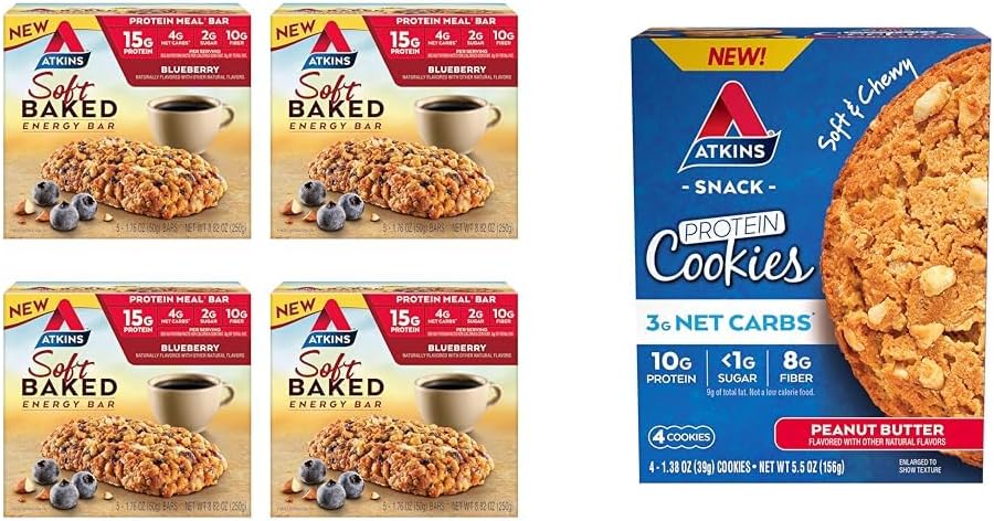 Atkins Soft Baked Energy Bars, Blueberry, 15g Proteïne,2g Suiker, Uitstekende Bron & Pindakaas Proteïne Cookie, Proteïne Dessert, Rijk aan vezels, 3g Net Carb, 1g Suiker