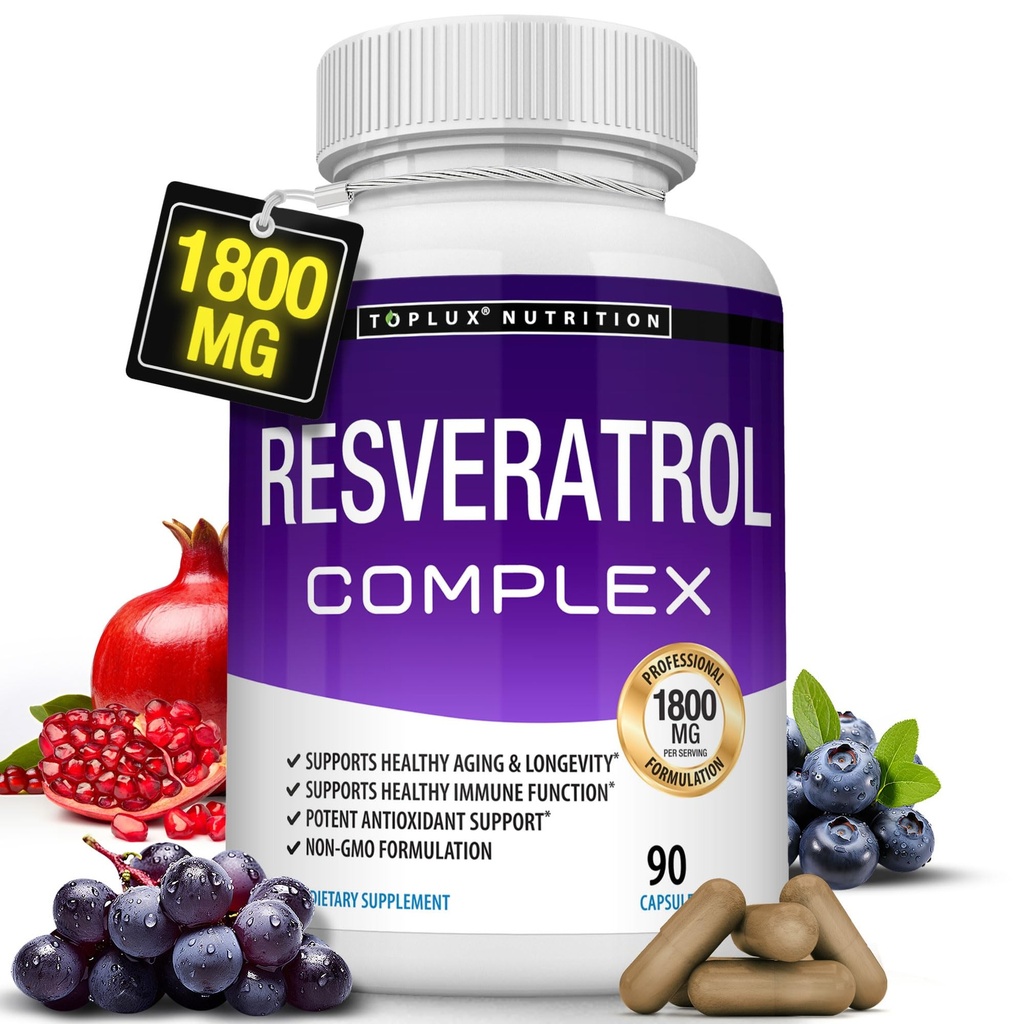 Resveratrol Supplement 1800 mg Antioxidant Complex - Zeer krachtige natuurlijke Trans-Resveratrol pillen voor gezonde veroudering, algemene gezondheidsondersteuning, immuunsysteem, hersenfunctie, voor mannen vrouwen, 90 capsules