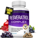 Supplément de resvératrol 1800 mg Complexe antioxydant - Pilules transrésvératrol naturelles hautement toxiques pour le vieillissement en santé, soutien de santé global, système immunitaire, fonction cérébrale, pour hommes femmes, 90 capsules