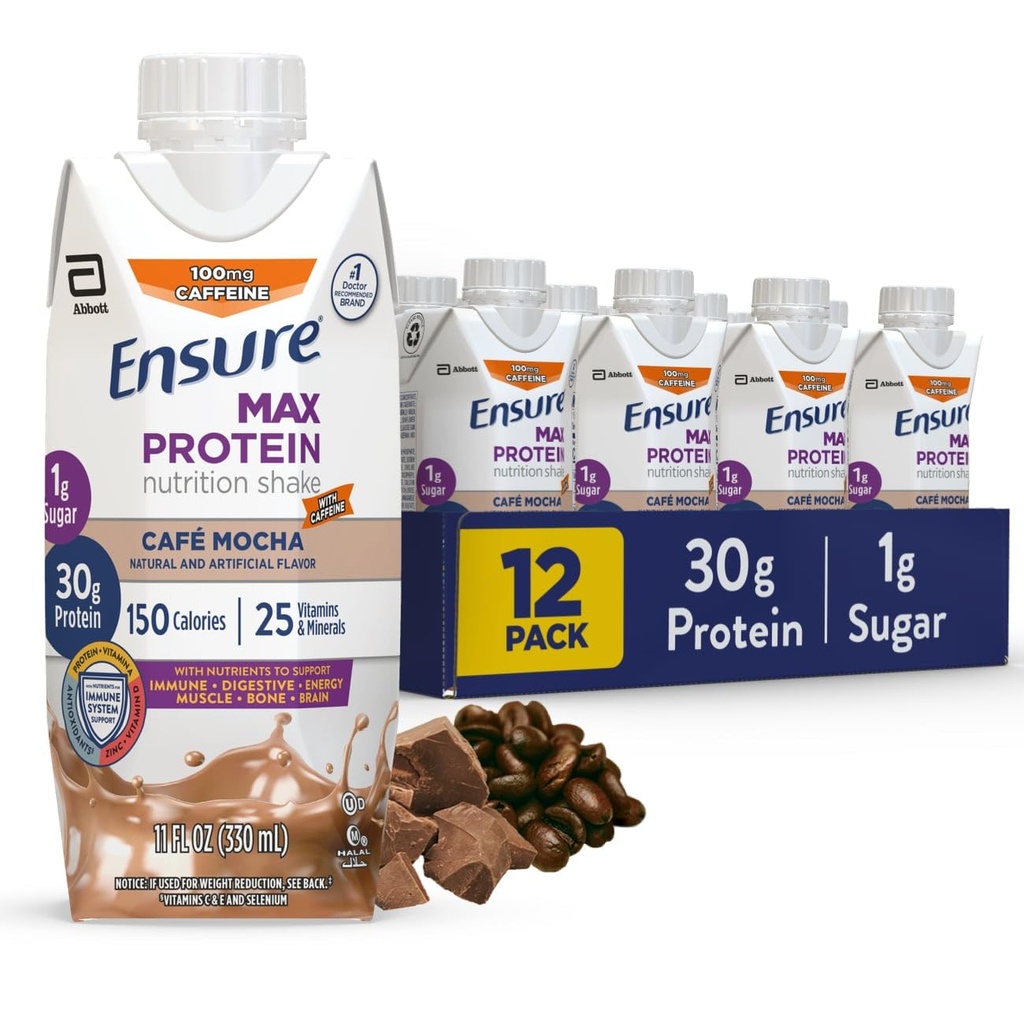 S'assurer Max Protein Café Mocha Nutrition Shake. 30g Protéines, 1g Sucre, 4g Fibre Blend.