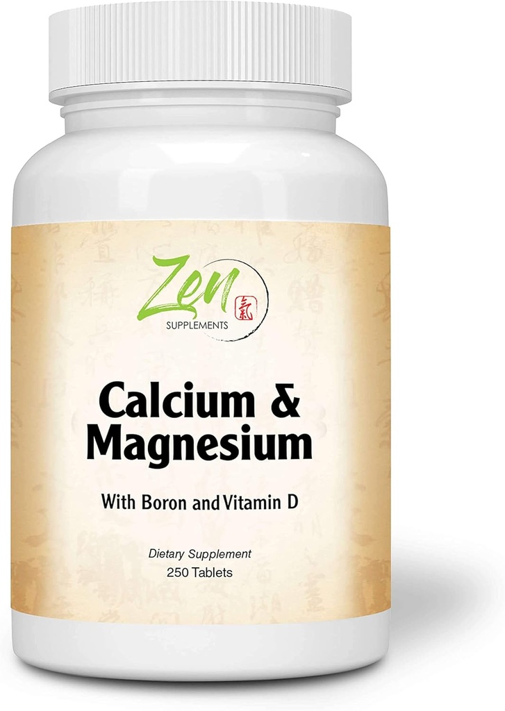 Zen Supplements - Hi Potency Calcium & Magnesium with D3 & Boron for Enhanced Absorption, Supports Bone Health & Bone Density 250-Tabs