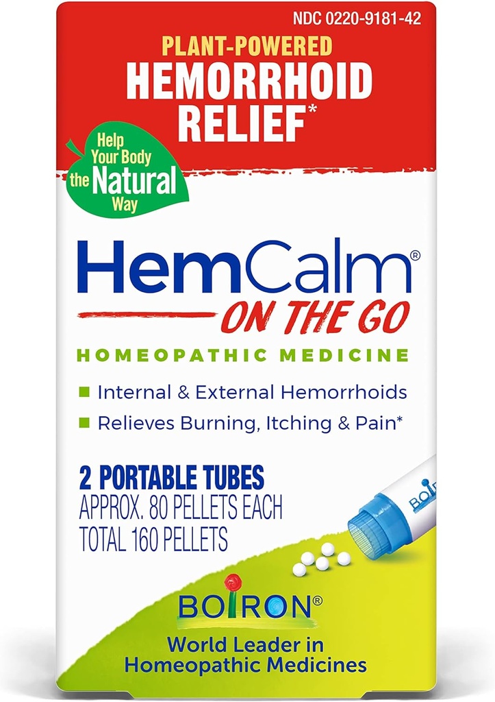 Boiron HemCalm On The Go Travel Essential for Aambei Relief of Pain, Jeuk, Zwelling of Ongemak - 2 Tellen (160 Pellets)