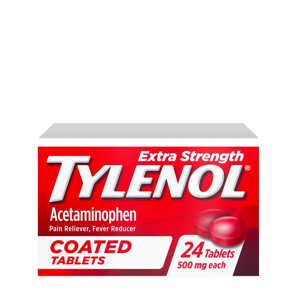Tylenol Extra Strength Pain Reliever & Fever Reducer, Comprimés enrobés ronds, 500 mg d'acétaminophène Pilules anti-douleur pour maux de tête, de dents et d'arthrite mineure Douleur, 24 ct