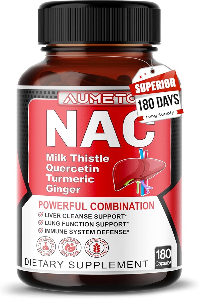 Supplément Nac N-acétyl-L-Cysteine - Enrichi avec le chardon de lait + Quercetine pour l'immunité optimale, respiratoire, le bien-être du foie (180 Compte (paquet de 1))