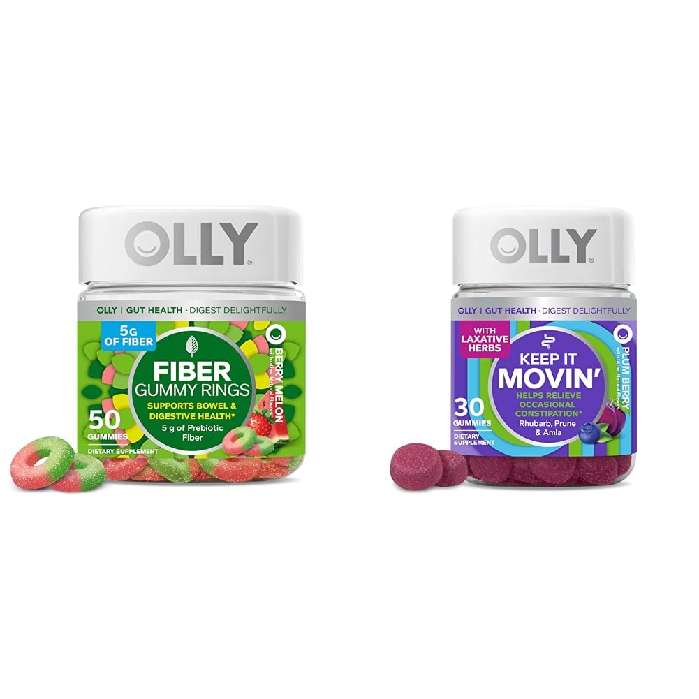 OLLY Fiber Gummy Rings, 5g Prebiotic Fiber, FOS (fructo-oligosacchariden), Digestieve ondersteuning, Berry Melon 50ct & Keep it Moving Constipatie Relief, Rabarber, Prunes, Amla - Plum Berry Flavor - 30ct