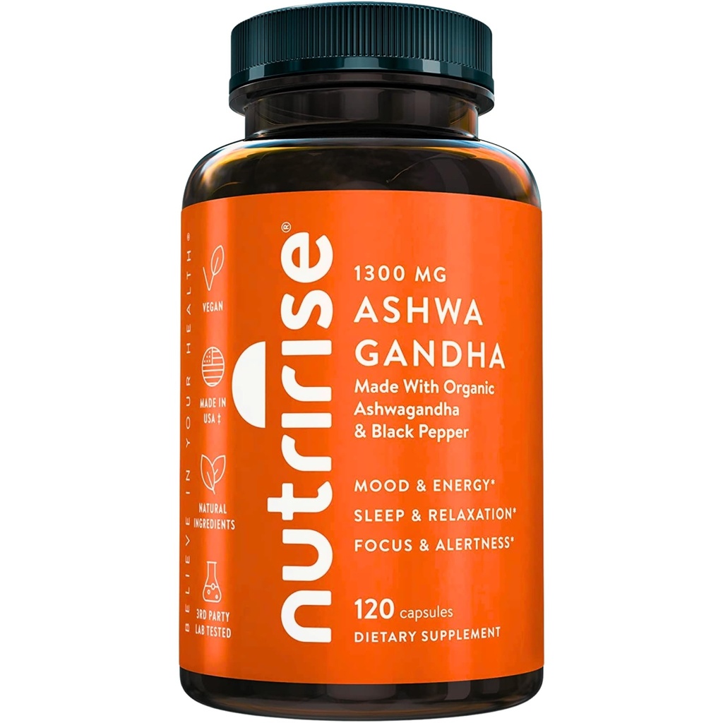 NutriRise Capsules de racine biologique Ashwagandha avec poivre noir, 1300mg, Stress naturel et l'humeur, Thyroïde, et supplément de soutien immunitaire, Clarté, Focus et énergie, sans gluten, 120 Compte