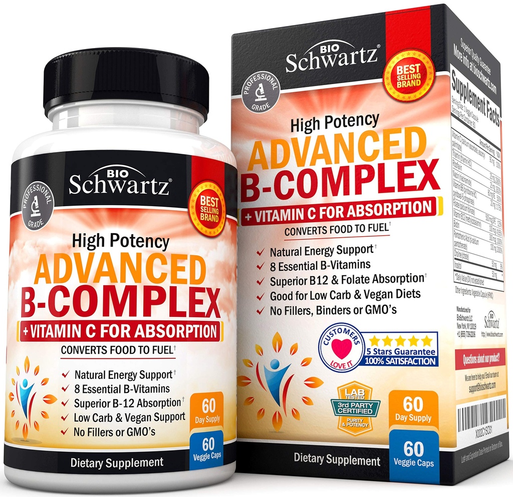 Vitamine B-complex met vitamine C voor maximale absorptie - Methylcobalamine b12 & Folaat Foliumzuursupplement - B1 B2 B3 B5 B6 B7 B9 voor ondersteuning van het immuunsysteem en het zenuwstelsel - niet-GMO, aantal 60