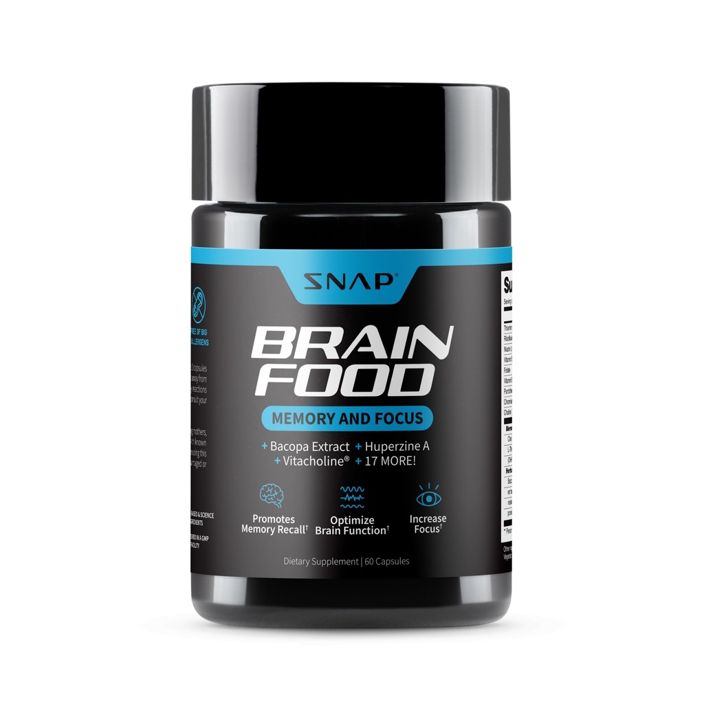 Suppléments Snap Brain Booster Nootropics Supplément pour mémoire, Focus & Clarity, Extrait de Bacopa, Ginkgo Biloba, 60 Capsules