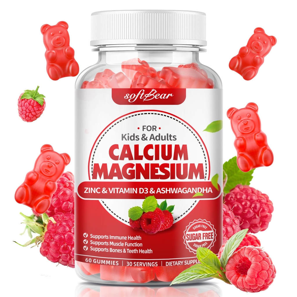 softbear Calcium Magnesium Zink Gummies voor Vrouwen, Calcium Magnesium Supplement met vitamine D3 voor bot sterkte, Vegan / Sugar-Free, Raspberry Flavor 60 Tellen