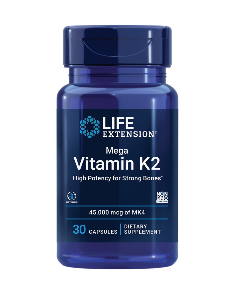 Prolongation de vie Mega vitamine K2 haute puissance pour les os forts, cliniquement étudié 45 mg K2 Posologie, favorise la densité osseuse saine, sans gluten, non-OGM, 30 capsules