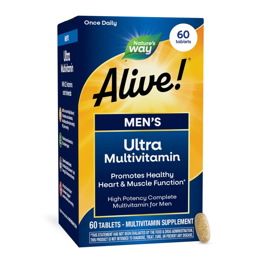 Nature's Way Alive! Mannen Eenmaal daags Ultra Potency Multivitamine Tablets, Complete Hoge Potentie Mannen.Daily Vitamin Promoot Hart & Spierfunctie*, B-Vitaminen, Zink en Antioxidanten, 60 Tablets