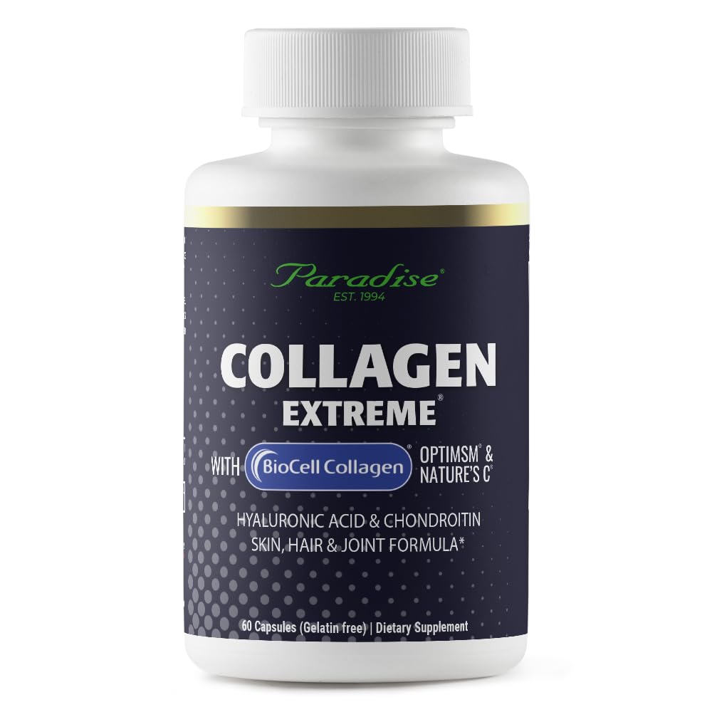Paradijs Kruiden Collageen Extreme met Biocell Collageen, Hyaluronzuur, en Nature's C, voor gezond haar, huid en gewrichten, 60 capsules