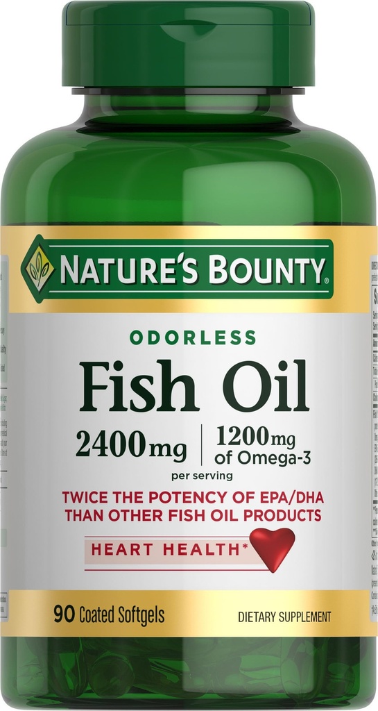 Nature's Bounty Odorless Fish Oil, 1200mg Omega-3 per portie Inclusief EPA & DHA, Ondersteunt de gezondheid van het hart, Gezuiverd om Mercurius te elimineren, Gecoate Softgels, Glutenvrij, Geen Schelpvis, 90 Ct