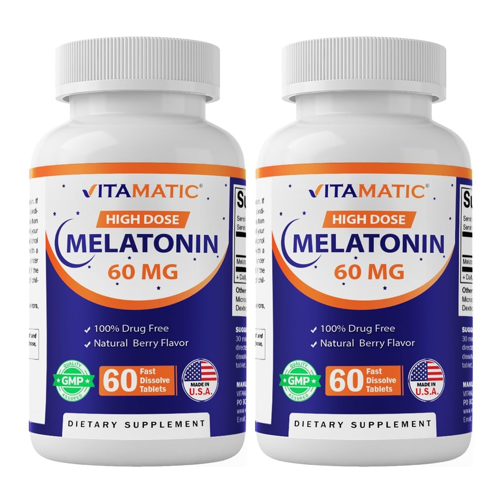 Vitamatic Melatonine 60 mg Fast Solution Tablets - 60 Vegan Natural Berry Flavor Tablets - Non-Habit Forming - Non-GMO, Glutenvrij (2 flessen)