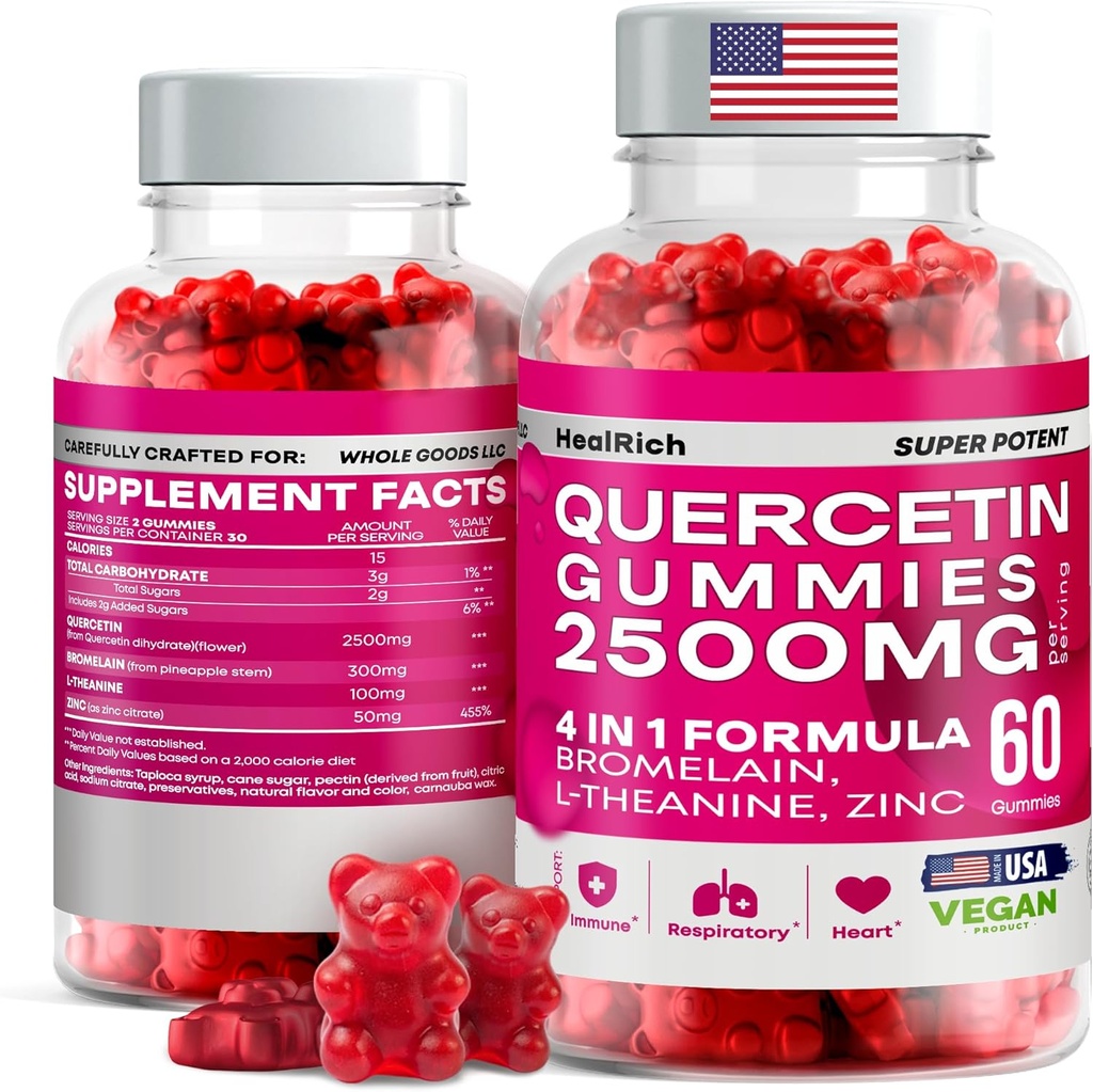 Quercetine Gummies - 2500MG met Bromelain, L-Theanine - Immune Support Gummies Allergie Relief & Lung Health voor kinderen en volwassenen