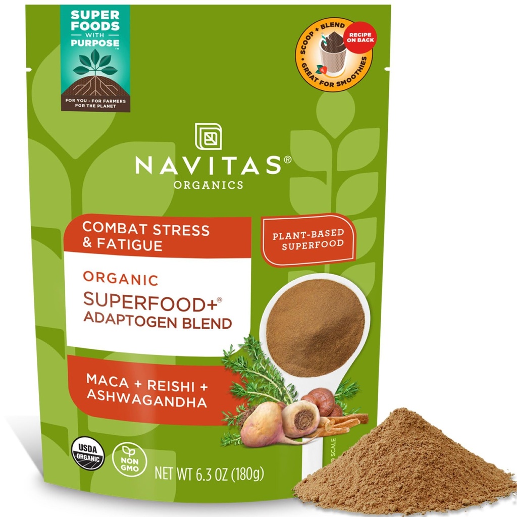 Navitas Organics Superfood+ Adaptogen Blend for Stress Support (Maca + Reishi + Ashwagandha), 6.3oz Sac, 30 portions — Organic, Non-OGM, Vegan, Sans gluten, Keto & Paleo.
