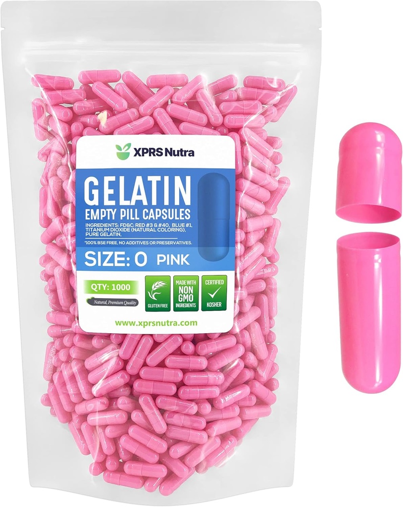 XPRS Nutra Formaat 0 Lege capsules -1000 Aantal Lege Gelatine Capsules - Pillen DIY Capsule Vulling - Pure Bovine Pill Gel Caps for Do-It-Yourself Supplements (Roze)