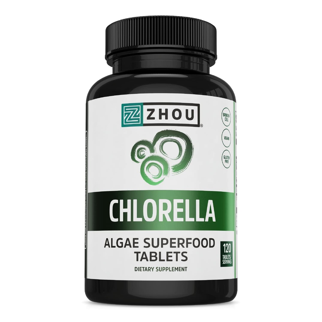 Zhou Chlorella Comprimés - Supplément Chlorella, Chlorophylle Vitamines, Superfood d'algues vertes pures, pilules riches en nutriments, mur cellulaire brisé - 120 comprimés végétaliens